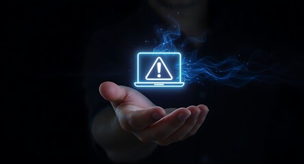 Hand Holding Hologram of Laptop with Warning Sign.
