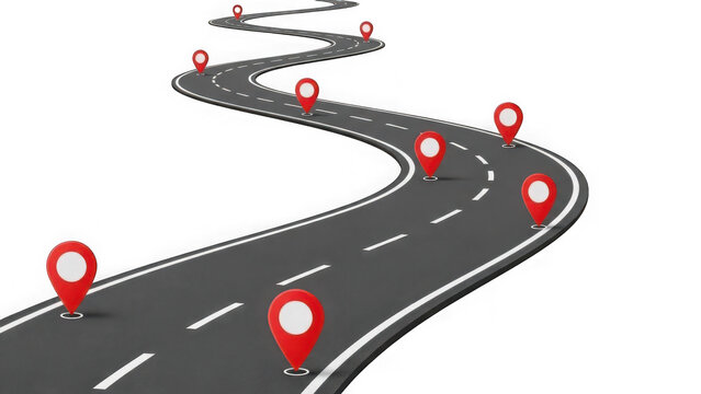 Winding road with multiple red location pins for navigation and gps tracking isolated on transparent background