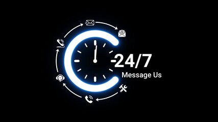 Glowing neon blue 24/7 service clock with communication symbols and text message us on a dark black background representing constant availability for customer assistance and support services