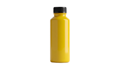 A cylindrical yellow bottle with a black cap against a pure black background