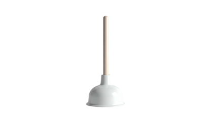 A white plunger with a wooden handle, isolated against a black background