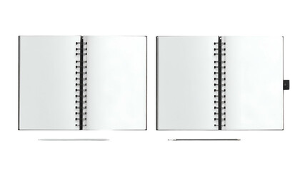 Two spiral-bound notebooks open to blank pages with pencils on a black background