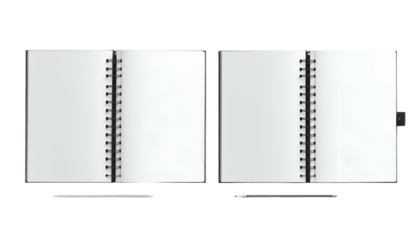 Two spiral-bound notebooks open to blank pages with pencils on a black background