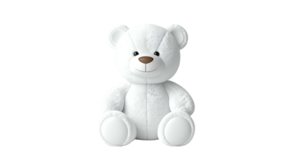 Fluffy white teddy bear with brown nose and eyes, set against a stark black background