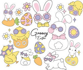 Groovy Easter Day Doodle Characters with Sunglasses Collection