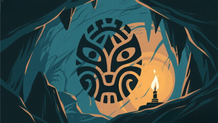 Vector illustration of a colorful abstract background featuring a burning candle with fire and autumn nature elements like trees and birds for a tribal halloween wallpaper design