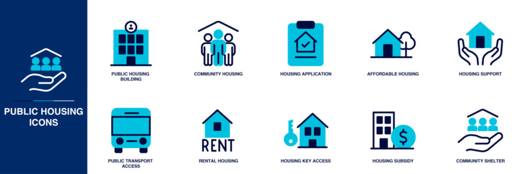 Public Housing Blue Colored Outline Icon Set