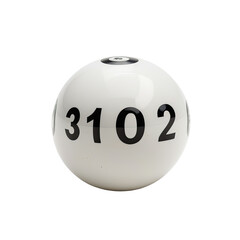 White sphere displays digits 3, 1, 0, and 2, isolated on black