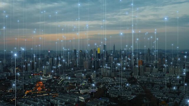 smart Connected city skyline. Futuristic network concept, city Technology.