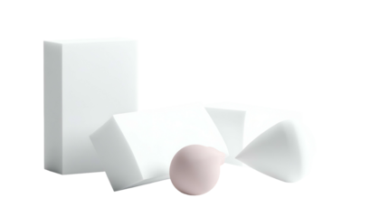 Still life composition of white geometric forms with a central pink sphere