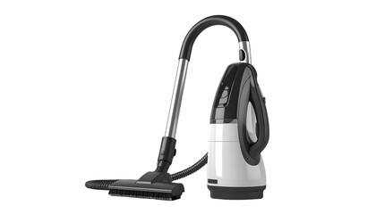 A modern vacuum cleaner, predominantly white and black, with a canister and hose