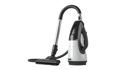 A modern vacuum cleaner, predominantly white and black, with a canister and hose