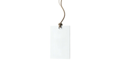A plain white rectangular tag hanging from a twisted brown string against a black background