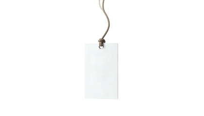 A plain white rectangular tag hanging from a twisted brown string against a black background