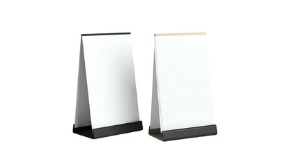 Two blank, angled display stands with white surfaces against a dark background
