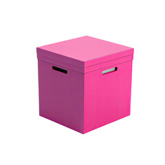 A vibrant pink square box with a lid and handles against black background