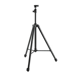 A tall, black tripod with adjustable legs and head, angled against a black backdrop