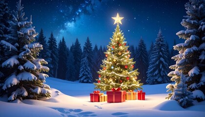 Christmas Tree with Gifts in Snowy Forest