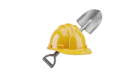 Yellow hard hat and shovel representing construction work and safety