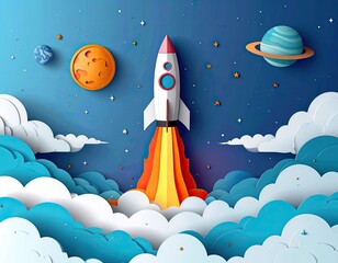 Rocket Launch Illustration: Whimsical Space Adventure with Planets and Clouds - Paper Cut Art Style for Kids and Creative Projects