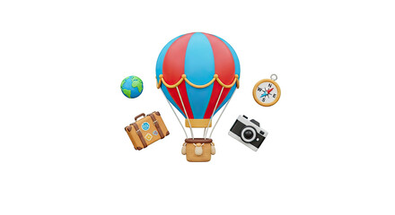 Colorful hot air balloon with travel essentials exploration