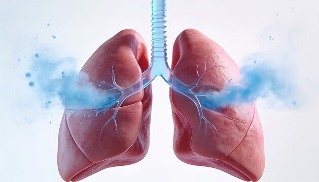 Detailed digital animation of human lungs breathing, visualizing inhalation and exhalation for medical.
