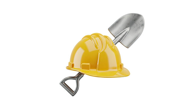 Yellow hard hat and shovel representing construction work and safety