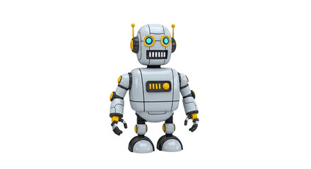 Friendly white robot standing with yellow accents on transparent background