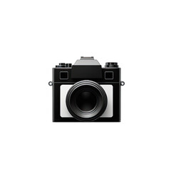 Black and white vintage-style camera icon with a large lens on a dark background