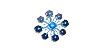 Digital network hub with data waveform and connected hexagonal nodes