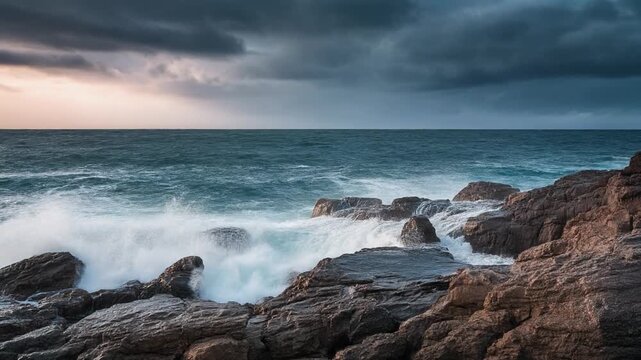 slow motion of rocky coastline with dramatic waves crashing