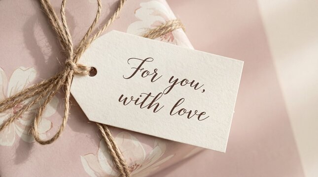 Close up view of handwritten gift tag attached to a wrapped present for Mother's Day with loving message on it