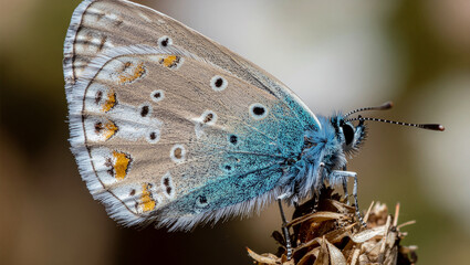 Obraz premium Detailed Close Up of a Colorful Common Blue Butterfly on Dry Plant