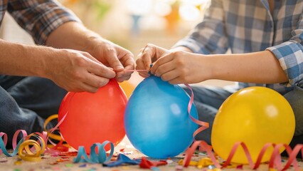 Parents blow up colorful balloons together while tying knots as they prepare for a celebration with decorations scattered on the floor in a living room setting
