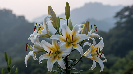 White Lilies with Lush Foliage in Dreamy Soft-Focus Nature Scene