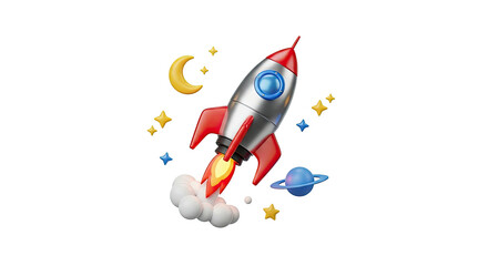 3 d rocket launching into space with stars moon and planet illustration