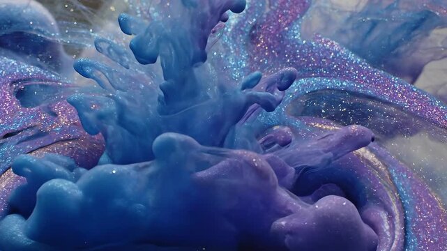 A mesmerizing and vibrant abstract display of blue and purple ink swirling dynamically in clear water, creating an ethereal and glittery cosmic cloud effect, perfect for artistic backgrounds and crea.