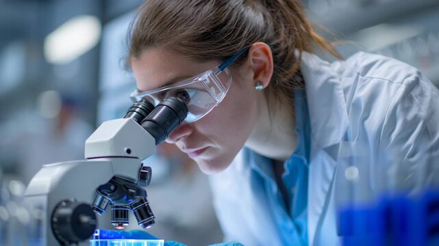 Scientist wearing protective glasses and blue gloves in laboratory examining sample under microscope focused on biomedical research experiment with lab coat and science equipment
