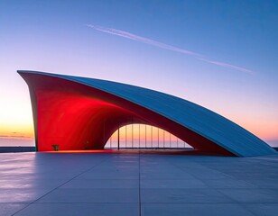 Obraz premium Unique Red and Blue Architectural Structure with Ocean View at Sunset - Modern Design, Coastal Landscape Photography