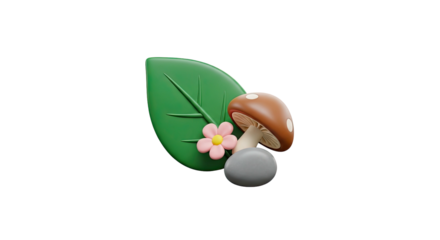 3 d render illustration of a green leaf mushroom and small flower