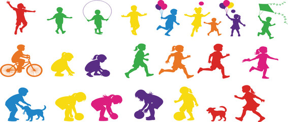 Colorful children silhouettes, outdoor play, vector illustration, kids activities, dancing, running, biking, balloon fun, dog interaction, playful movement, rainbow design