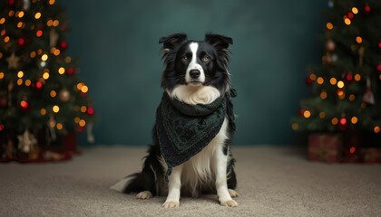 Intelligent canine companion poses formally between two illuminated evergreen holiday trees indoors