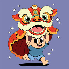 Happy Kid Celebrating with a Traditional Lion Dance