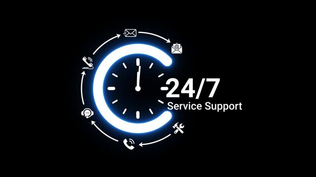 Neon blue glowing clock with communication symbols and 24 7 service support text on black background Keywords: 24 7, service support, customer service, assistance, help desk, communication, clock