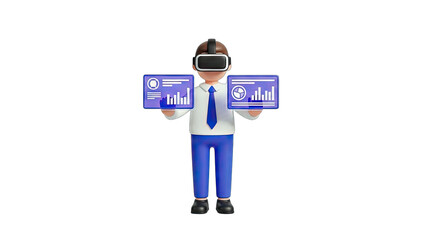 Businessman with VR Headset Analyzing Data in Virtual Reality