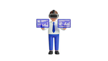 Businessman with VR Headset Analyzing Data in Virtual Reality