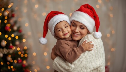 Mother and child share a warm embrace while wearing festive headwear near a decorated holiday tree
