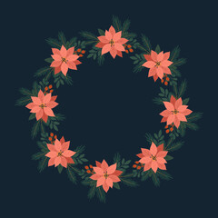 Ramka z poinsecjami i gałązkami choinkowymi – świąteczna wektorowa kompozycja.  © Monika