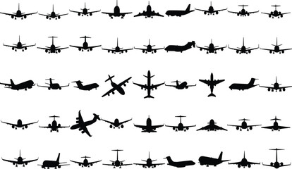 Comprehensive Collection of Airplane and Aircraft Silhouettes, Vector Illustration Set Showing Various Passenger Jets, Private Planes, and Commercial Airplanes from Different Angles