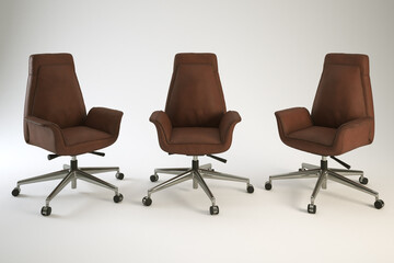 Fototapeta premium Three brown leather office chairs with chrome bases and wheels.